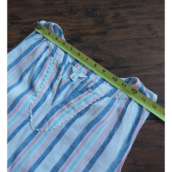 Crown & Ivy 100% Linen Striped Sleeveless Lace Trim V Neck Shirt Women's Medium - Picture 10 of 11